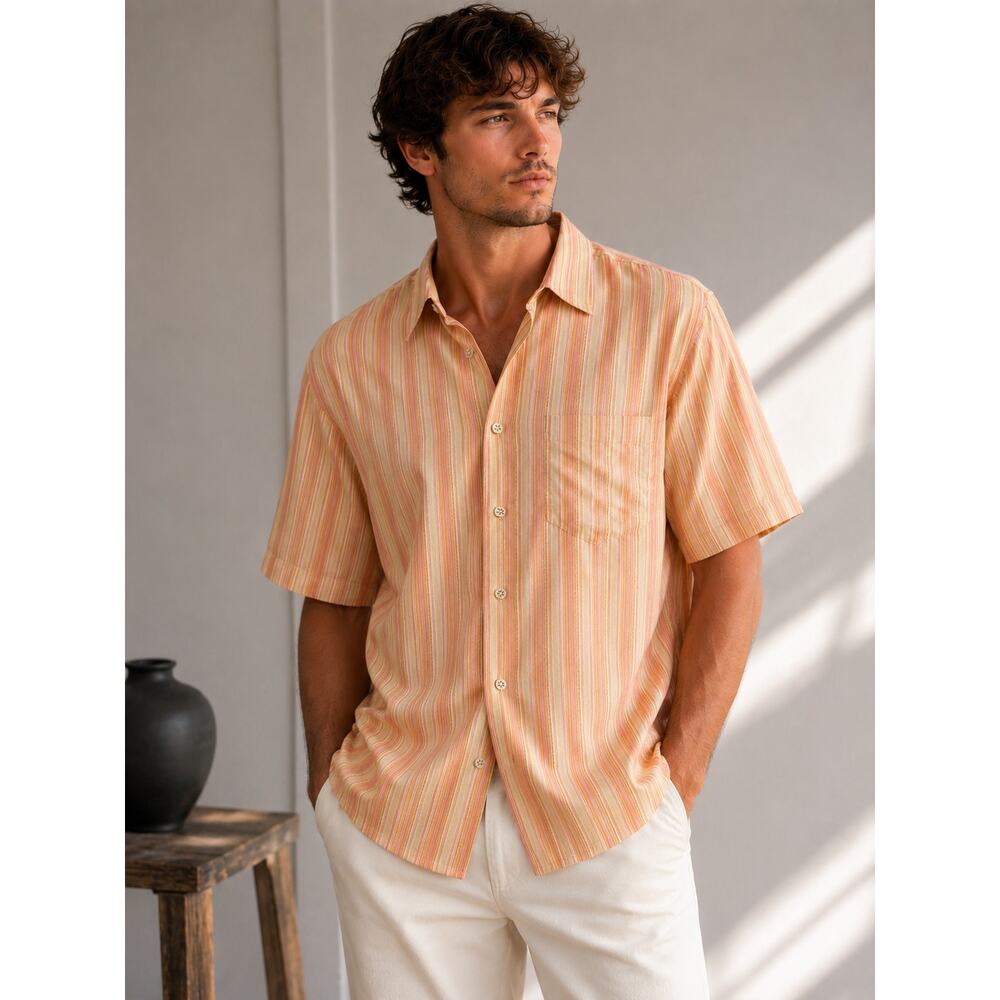 Tommy Bahama 100% Silk Sunset Stripe Button Up Shirt Men’s Large